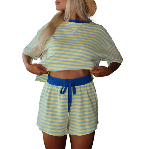 Mntaor Women's Stripe Drop Shoulder Boxy Casual Terry Short Set 2-Piece Loungewear with Drawstring Waist Shorts Perfect for Weekends Brunch Dates & Casual Outings