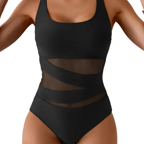 B2prity Women's 1-Piece Mesh Swimsuit - Female Tummy Control, Push Up with Removable Pads, Smooth Elastic, Comfy Wear, Body-Hugging Fit Flatters Curves, Beach Swim Slimming Swimwear