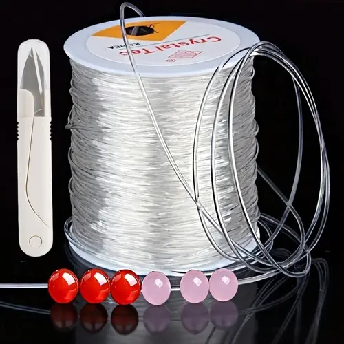 0.8mm Elastic Bracelet String Kit with Scissors - 328ft (100m) Clear Crystal Stretch Cord for Jewelry Making Supplies, Transparent Beading Thread Set for DIY Crafting, Beading Accessories, Elastic String for Bracelets