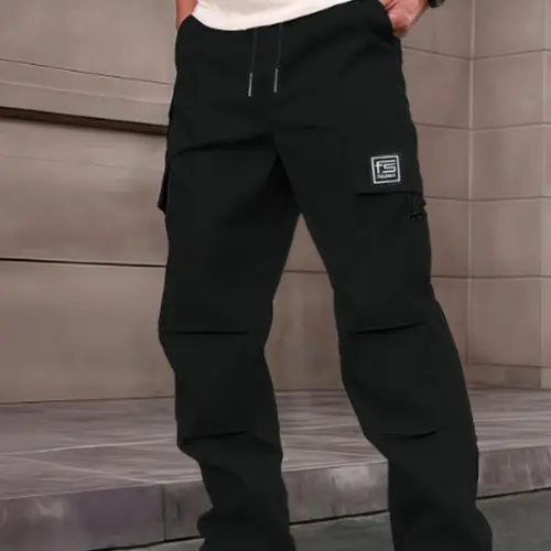 Men's Regular Fit Solid-Color Polyester Athletic Cargo Pants - Menswear, Street Wear, Deep Pockets, Drawstring Waist, All-Purpose Outdoor Work Pants