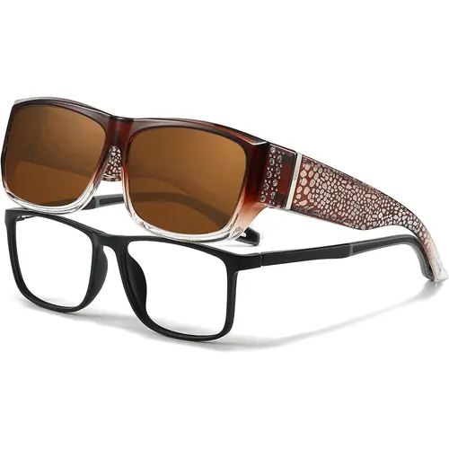 Women's Oversized Rhinestone Rectangle Fit-Over Glasses, Stylish Protective Polyamide Statement Frame Sunglasses with UV Protection for Driving, Model TS4204