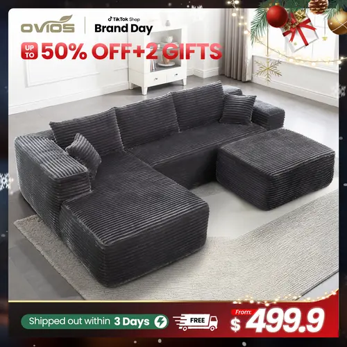 【Back To School】Ovios 97"/106" Cloud Modular Couch with L-Shape Chaise, Oversized U-Shape Modern Sectional Sofa with Ottoman, Upholstered Deep Seat Couches for Living Room Bedroom - No Assembly Required, Pillows Included