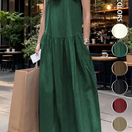 Casual Fashion Long Maxi Solid Womenswear Dress for Women, Sleeveless Round Neck Loose Fit, Chic Minimalist Retro Aesthetic Style for Spring & Summer, Perfect for Beach Dates & Teacher