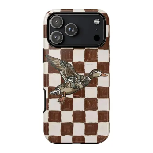 Retro Tropical Duck Checkered 2-Piece Smartphone Protection Shell - Shockproof TPU Polycarbonate Casing, Durable Glossy Finish, Brown Vintage Aesthetic, Wireless Charging Compatible Accessory for iPhone 15 Pro Max,16,16 Plus,17,18