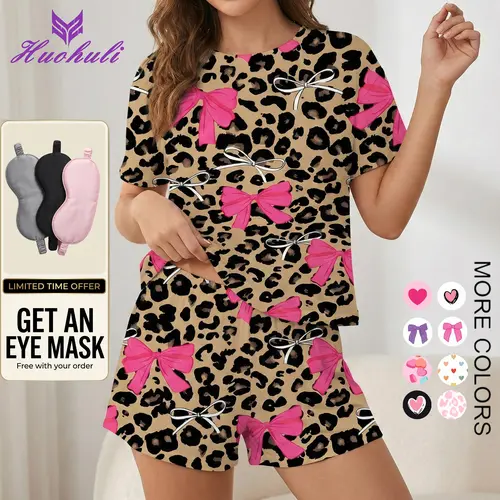 HUOHULI Women's 2-Piece Knitting Shortsleeve Top & Shorts Loungewear PJ Set - Soft, Stretchy, Loose Fit, Skin-Friendly Elastic Waist Matching Jammies with Shorts for Women, Summer Home Use