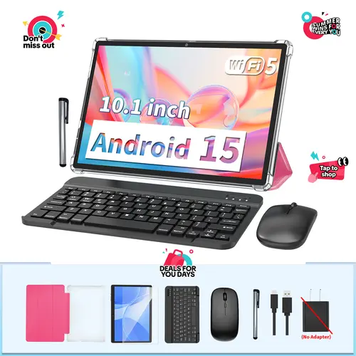 【TikTokShopBackToSchool】PYNAREL 10.1-Inch Android 15 Wireless Touch Screen Tablet (Summerwins) - Back to School Bundle with Keyboard, Mouse, Case, Stylus, Dual Camera, Type-C/USB-C Port, With Keyboard Tablets,back to school,back to school haul sohochic