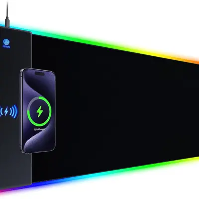 RGB Gaming Mouse Pad With 15W Wireless Charging, Extra Large LED Mousepad, 14 Light Modes, XXL Size, Ergonomic Computer Pad, Non-Slip Rubber Base for Laptop, Gifts for Gamer/Men