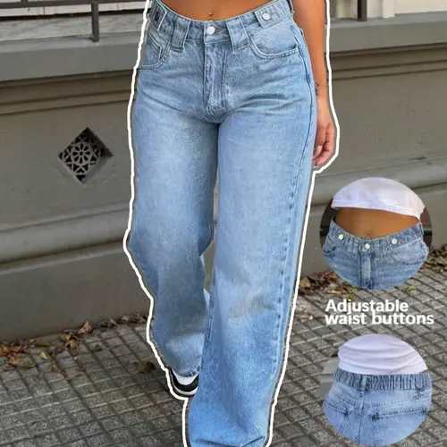 Women's Loose Fit Washable Denim Jeans Trouser with Adjustable Waist Button, Mid-Rise Wide Leg Jeans Pants for Casual Outings, Durable and Comfortable Design, Relaxed Fit Jeans Jean Pants Bottoms