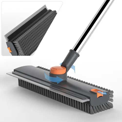 Floor Scrub Brush with Long Handle, 3-in-1 Scrub Mop with Scraper, Heavy-Duty Stiff Bristle Cleaning Brush for Bathroom Shower Tile, Kitchen Floor, Patio, Garage, Wall & Deck, Ergonomic Handle, Deep Cleaning Tool Broom Rotating Adjustable Sweeping Height