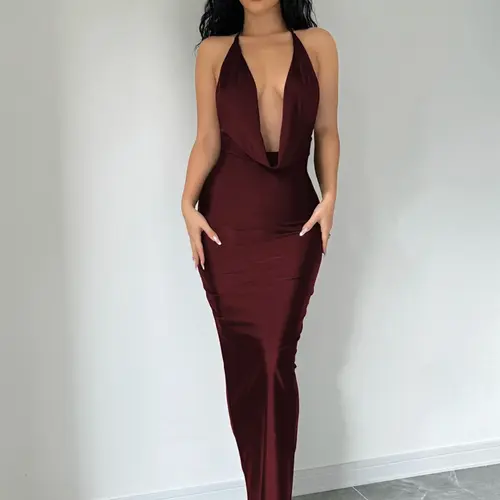 Women's Solid Backless Draped Tie Back Soft Satin Dress, Fashion Halter Neck Sleeveless Long Slim Fit Bodycon Dress for Evening Parties, Ladies Summer Clothes, Formal Wear, Womenswear, Chic Elegant Fitted