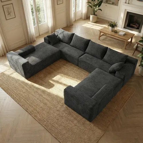 Pre-Assembled U-Shaped Corduroy Sectional Couch - Couch for Living Room, Soft Textured Fabric, Space-Saving Indoor Furniture, Multifunction Convertible Sofa Bed with Memory Foam Pillow, Fluffy L-Shape Textured Sofa Set, Black, Fluffy Sofa Sets