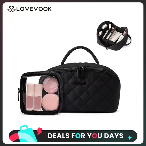 LOVEVOOK Travel Makeup Bag for Women,180° Lay-Flat Puffer Quilted Cosmetic Organizer,Portable Waterproof Toiletry Bag for Woman,Slanted Opening Make Up Bag for Everyday Use,TikTokShopBackToSchool