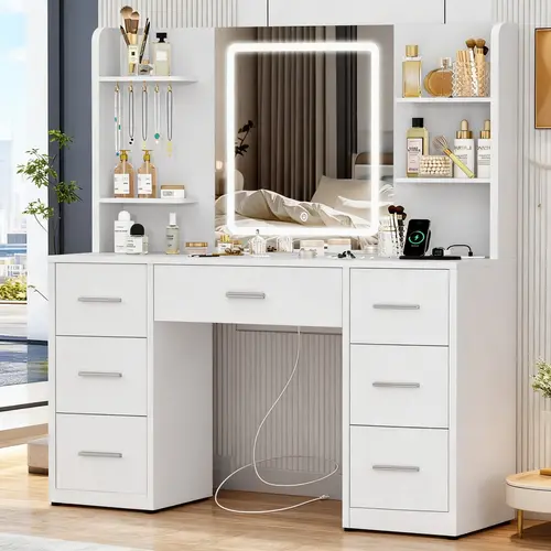 White Modern Large LED Makeup Vanity Desk - 3-Color Adjustable Lights, Spacious Storage Drawers, Open Compartment, Built-in Power, Full-Size Adjustable Design, Hair Dryer Holder, Assembly Required, Bedroom Indoor Furniture