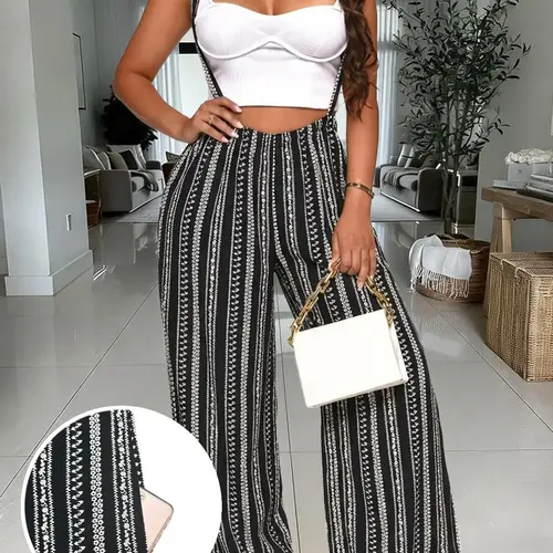 Summer Women's Solid Color/Geometric Print Fitted Suspender Pants Bottoms, Casual Fashion Trousers, Summer Wear, Comfortable and Stylish, Perfect for Beach, Travel & Vacation, Casual Chic Bottoms