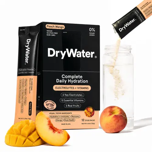 DryWater Complete Daily Hydration (12 Pack) - Peach Mango. 6 Electrolytes + 5 Vitamins + 1 Amino Acid. No Added Sugar, Nothing Artificial, Real Fruit, Vegan, Gluten Free - (12 Stick Packs)