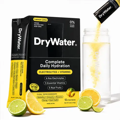 DryWater Complete Daily Hydration (12 Pack) - Lemon Lime. 6 Electrolytes + 5 Vitamins + 1 Amino Acid. No Added Sugar, Nothing Artificial, Real Fruit, Vegan, Gluten Free - (12 Stick Packs)