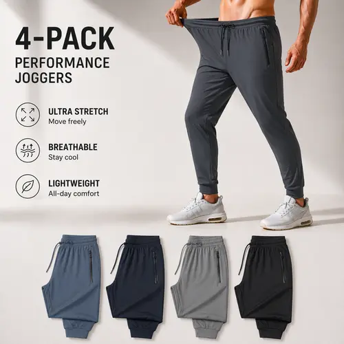 4-Pack AMZPURE Men's Jogger Pants, Lightweight Stretch Sweatpants with Zipper Pockets, Athletic Casual Trousers for Big & Tall, Ideal for Running, Gym, Workout, Spring & Summer Wear