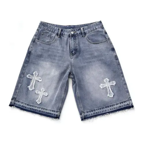 Sopula Studio Men's Vintage Hiphop Thick Denim Shorts - Cross-Appliqué Rhinestone, Ripped, Straight-Leg, Pocketed, Streetwear Swag Menswear Blue Bottoms, Retro Fashion Apparel, Natural,clothes for back to school,first day of school outfits Ripped Jeans Ri