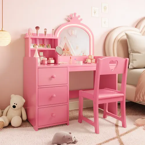 Kids' 2-in-1 Princess Wooden Makeup Vanity Table and Chair Complete Set - LED Mirror, 3 Drawers, Storage Shelves, Detachable Top, Kid-Friendly Furniture for Little Girls, Playrooms, Birthdays, Easy Assembly
