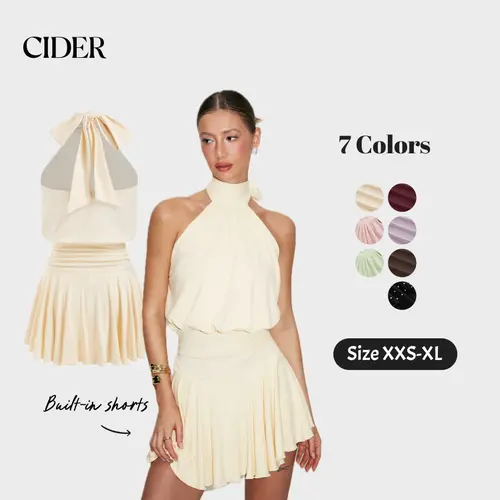 Cider Stand Collar Sleeveless A-Line Built-in Shorts Mini Dress with Scarf SummerWins SummerFinds
