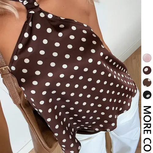 Women's Polka Dot Print Halter Top Camisole Shirt, Womenswear, Adjustable Tie Back Closure, Twist Neck Detail, Multiple Color Options, Smooth Breathable Fabric, Summer Casual Daily & Date Night Wear, Retro French Chic Style