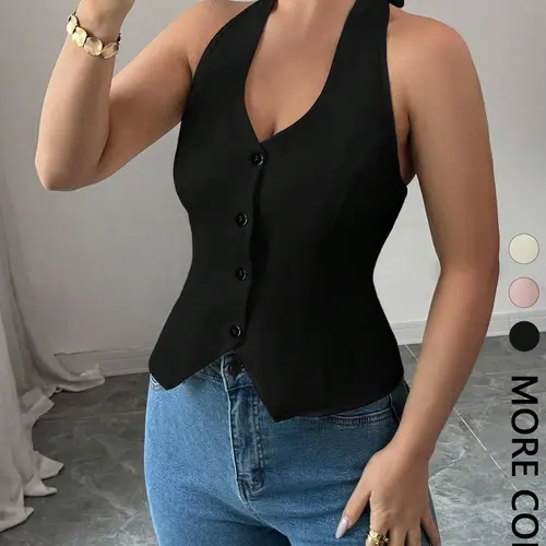 Women's Solid Color Halter Neck Top, Adjustable Button Front Design, Tie Back Closure, Waist-Flattering Cut, Breathable Fabric, Casual & Date Night Wear, Modern Chic Style, Halter Cami Top, Buttons Cami Top, Fitted, Casual Camisole, Womenswear