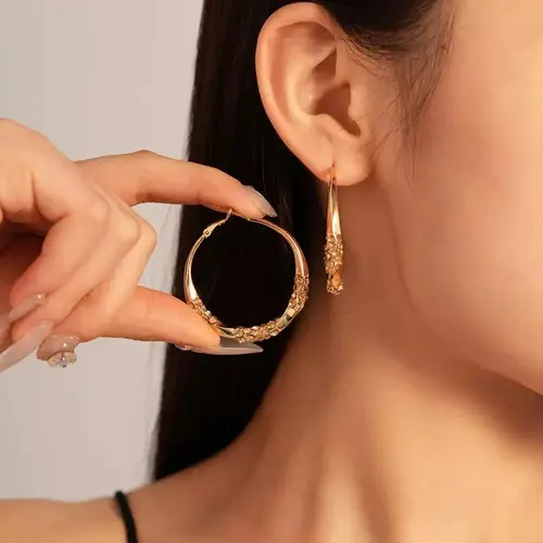 Women's 14 Karat Gold Plated Twisted Hoop Earrings, Chunky Round Design with Crystal Accents, Elegant Minimalist Statement Chunky Jewelry for Daily Female Wear