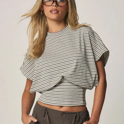 Women's Fashion Streetwear Casual Everyday Striped Print Round Neck T-Shirt Top, Slim Fit Gathered Waist Design, All Season Summer Versatile, Suitable for School and Parties