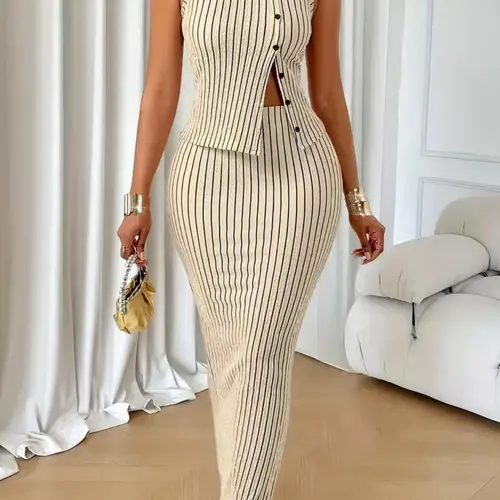 Women's Summer Casual Striped Breathable Fabric Buttonless Sleeveless Top and Skirt Set, Fashion Clothes Set, Suits, Fitted Two-Piece, European and American Fashion Style Womenswear Lady
