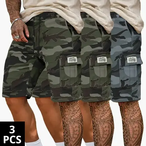 Men's 3-Piece Camouflage Twill Pocket Shorts Set - Khaki, Green, Black, Breathable Drawstring, Casual Streetwear Sport Bottoms, Summer Essential, Daily Wear Menswear, Black Camo Men's Shorts
