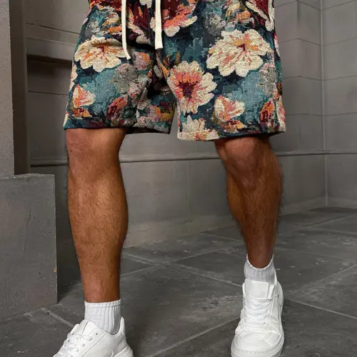 Men's Retro Floral Jacquard Shorts - Vintage Tapestry Design, Vibrant Bold Green-Red, Above-the-Knee, Drawstring, Zipper, Stylish Casual Polyester Woven Menswear