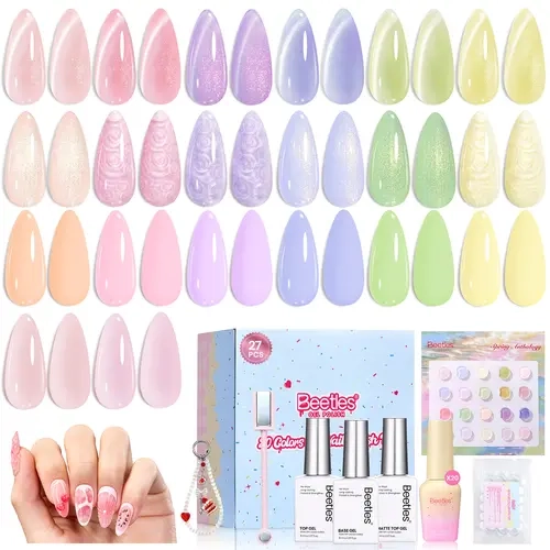 Beetles Gel Nail Polish Set - 20+ Colors Nail Care Kit, UV/LED Cure, Magnetic, Spring Pastel Shades (Mint, Pink, Peach, Lavender), Fruit Jelly Berry Tones, Glossy Top Coats, Tools, Stickers, Box, Women's DIY Manicure Birthday Gift,familyfun