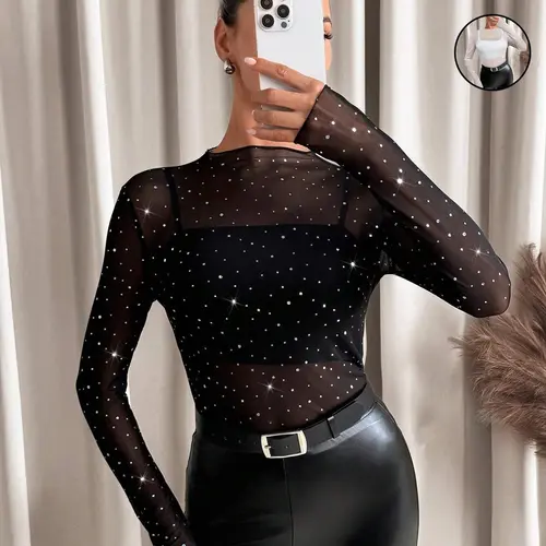Women's Sequined Mesh Sheer Sexy Long Sleeve Lady Top, Bodycon Fitted Top, Slim Fit Elastic T-Shirt, Stylish and Comfortable Casual Wear, Perfect for Parties and Daily Use, Womenswear