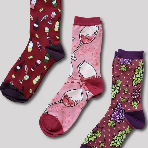 Kalon Women’s 3-Pair Wine Socks, Everyday Casual Calf-High Print Crew Socks with Grape and Wine Bottle Patterns, Easy Wash
