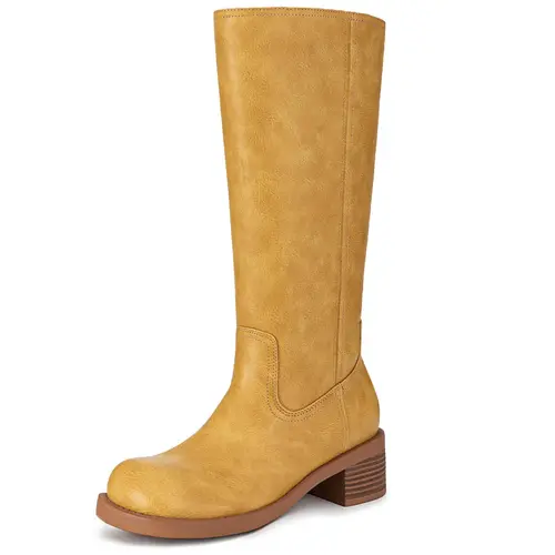 Women's Low Heel Knee High Boots - Square Toe, Chunky Block Slip-On Riding Boots for Party, Back to School - PU Leather, Neutral Faux Leather Design