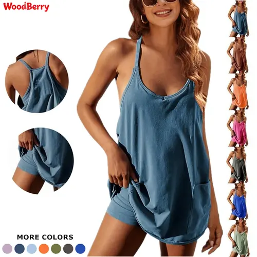 Woodberry Women's Cotton Blend Sleeveless V-Neck Spaghetti Strap Mini Sporty Chic Activewear Dress with Built-in Shorts, Pockets, Resort Wear for Women, Ideal for Spring-Summer Casual & Golf Use, Workout Dress