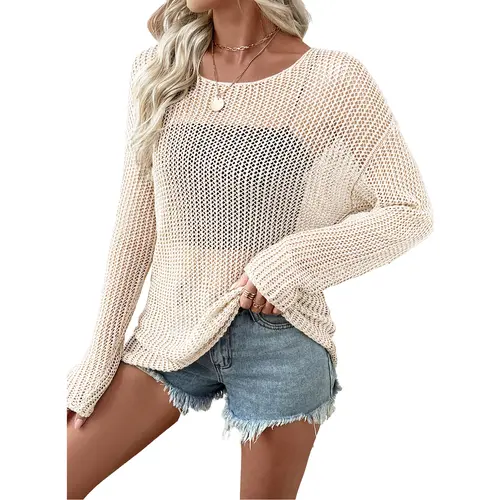 EVALESS Women's Casual Crochet Hollow Out Shirts Tops Crew Neck Long Sleeve Breathable Loose Fitted Beach Cover Ups Shirts Sweaters 2026 Spring Summer Outfits Womenswear  Deals For You Days summer outfits