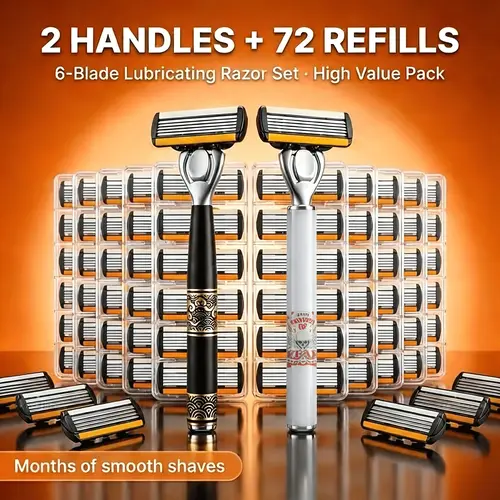 Men's Luxury Manual Razors Kit - 2 Ergonomically Designed Handles, 72-Refill Pack, 6-Layer Blade System, Precision-Crafted, Smoothing Beard & Mustache Grooming, Ideal Christmas & Father’s Day Gift