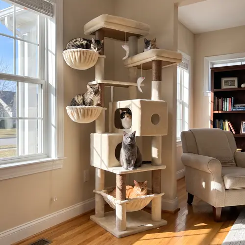 DESKAT 73-Inch Extra Sturdy Cat Tree for Large Cats, Heavy-Duty Multi-Level Cat Tower with Dual Condos, Scratching Posts & Hanging Toys for Indoor Cats