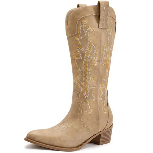 Women's Embroidered PU Leather Cowgirl Boots - Almond Pointed Toe, Chunky Heel, Mid-Calf Slip-On, Western Elegance, Wild West Style for Party