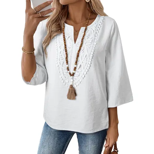 EVALESS Boho Tops for Women Blouses Dressy Casual V Neck 3/4 Sleeve Shirts Spring Outfits Trendy Vacation Clothes  Deals For You Days summer outfits,back to school,back to school shopping