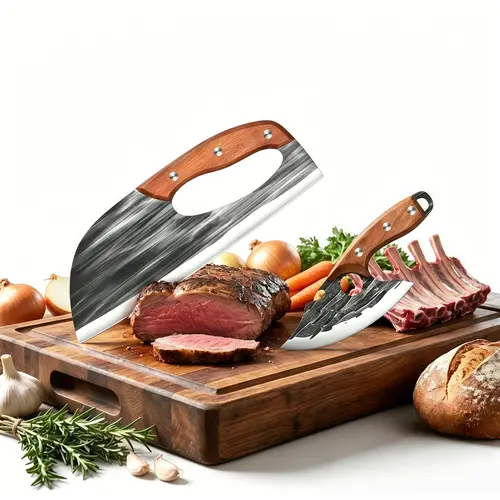 2 Pcs Hand Forged High Carbon Stainless Steel Chef Knife Set, Viking Japan Style Knives for Kitchen Cooking, Hunting, BBQ Meat & Vegetable Cutting, Premium Cutlery ,  2mm thick, lightweight and sharp, Perfect Gift for Men/Woman Block