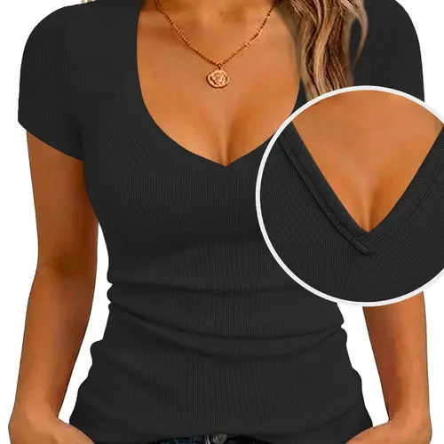 T-Shirts Short Sleeve V Neck Tees Basic Tops for Women Womenswear Fashion Trendy Lightweight Soft Casual Summer Outfits Clothes 2026