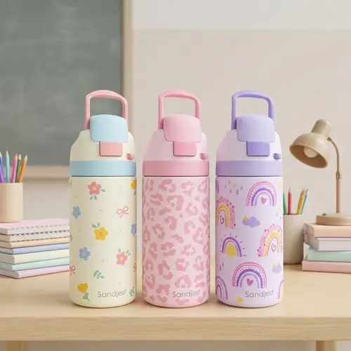 SANDJEST 16oz Push-button Lid Water Bottle Cute for Kids, Stainless Steel 100% Leak-Proof, Hot Cold Daily Hydration, Portable for Back to School Travel Camp, Christmas Birthday Gift