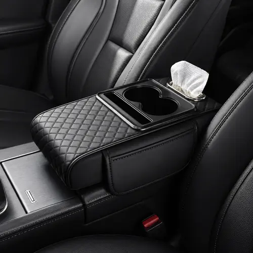 Upgraded Memory Foam Car Center Console Cover with Cup & Phone Holder, Microfiber Leather Diamond Stitched Arm Support Pad, Elastic Band Fit Stowing-Tidying Cars Accessories for Most Vehicles