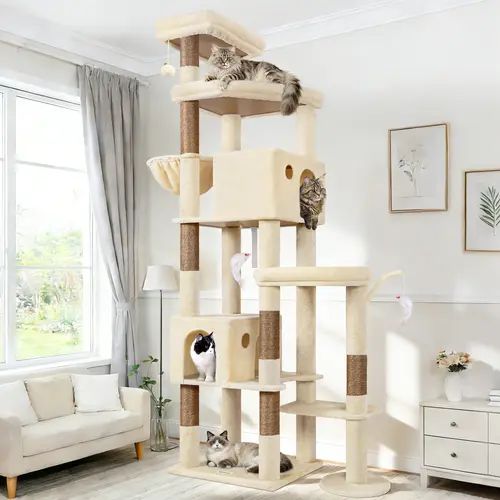 DESKAT Heavy Duty 83" Giant Cat Tree - Natural Sisal Scratcher, Mansion with Sleeping Spots & Sky Deck, Giant Scratching Post Tree & Condos for Large Cats, 83" Tall