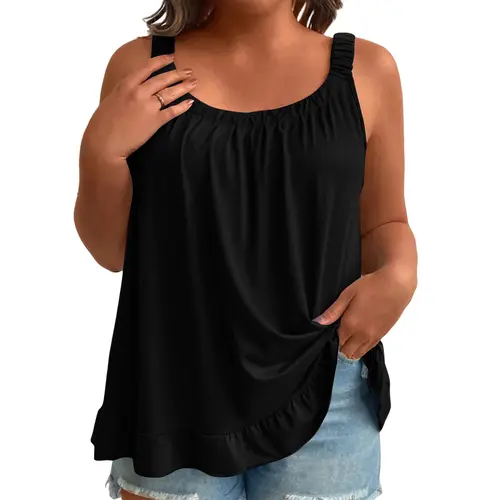 Eytino Women's Plus Size Tank Tops Summer Casual Scoop Neck Pleated Front Loose Flowy Sleeveless Cami Shirts(1X-5X)