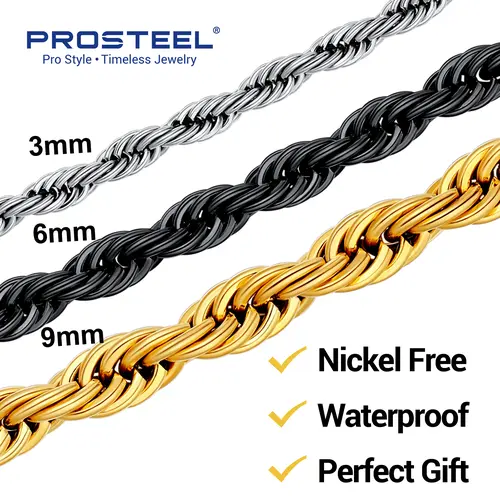 PROSTEEL 14K Gold Plated/Steel/Black 3MM/6MM/9MM Twisted Rope Chain Necklace Bracelet 18-30 Inches Stainless Steel Jewelry Durable Color Coating, Hypoallergenic Unisex Stackable Accessories for Daily Wear Best Gift