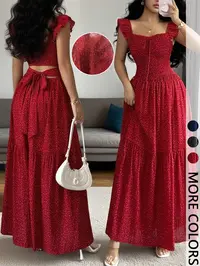 1 Piece Spring & Summer Ruffled Square Neck Polka Dot Maxi Dress , Back Tie Design Retro Sweet Style for Date Nights and Vacation,Waist-Cinching Slimming Romantic Girl Style for Parties and Daily Outings, Casual Wear