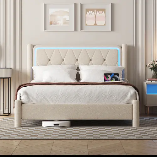 CollaredEagle Full Size Upholstered Platform Bed Frame with Tufted Headboard, PU Leather & Linen, RGB LED Lights, Charging Station (USB Type-C & AC), Wooden Slat Support, No Box Spring Needed, Gray